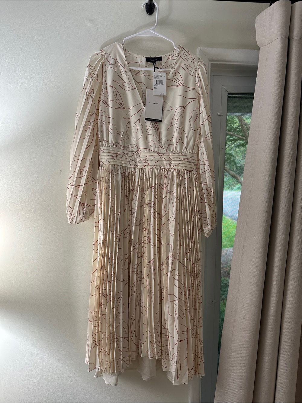 Ivory Pleated Midi Dress with Delicate Floral Print